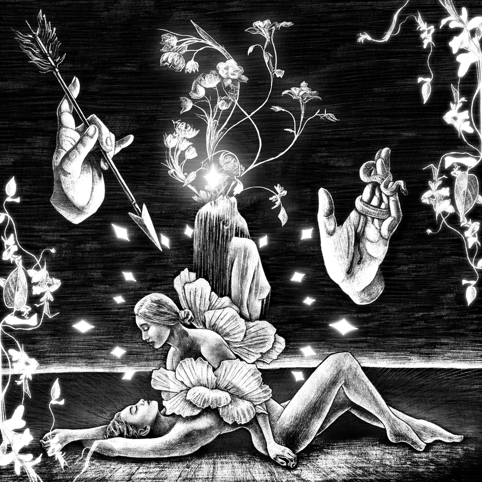 Metanoia — black-and-white surreal drawing of figures, flowers and floating hands
