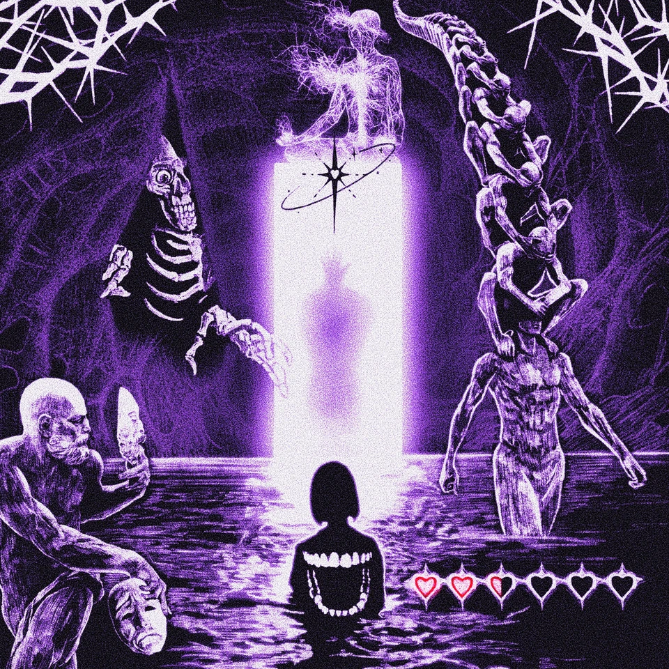 Potential — purple surreal illustration of a seated figure surrounded by skeletons