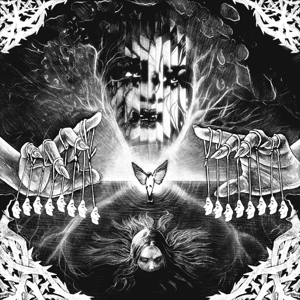Reflections — mirrored faces, marionette hands and a central moth in black and white